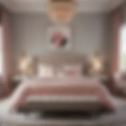 Elegant bedroom with soft gray walls and blush pink accents