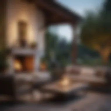 Refined Outdoor Lounge with Inviting Fireplace Elegant Cottage Garden Lounge with Cozy Fireplace