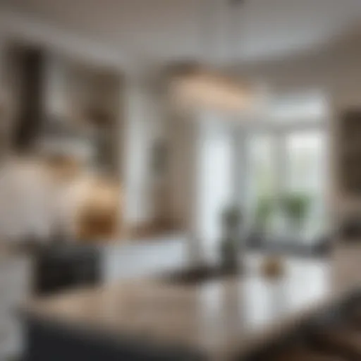 Elegant crystal chandelier hanging above a modern small kitchen island