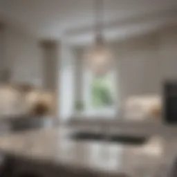 Elegant crystal pendant light above a marble kitchen island