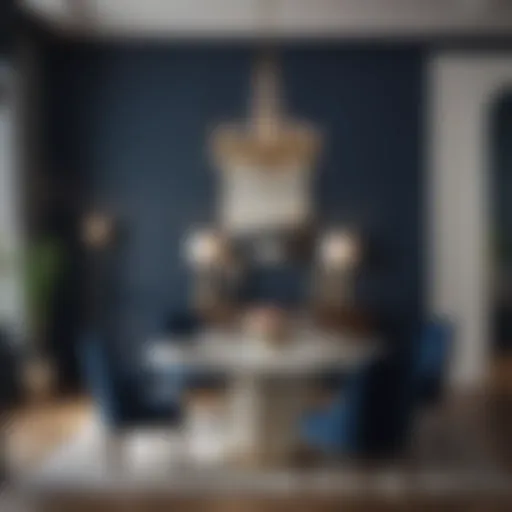 Elegant dining room with navy blue accent wall