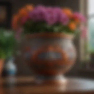 Close-up of an exquisite indoor flower pot with intricate patterns and a vibrant flower arrangement, emphasizing craftsmanship.