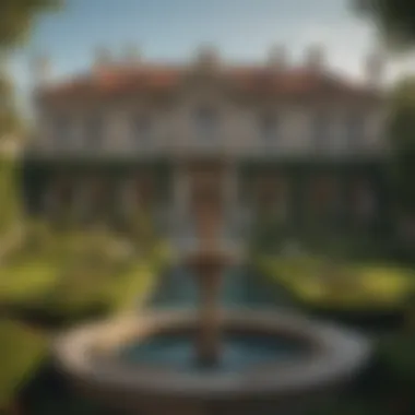 Elegant mansion with sprawling gardens and fountain