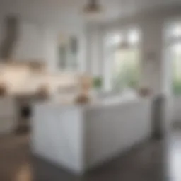 Elegant white kitchen island with marble countertop