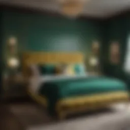 Luxurious bedroom with emerald green and gold color scheme