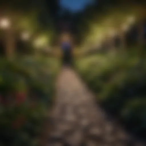 Illuminated pathway through lush garden at night