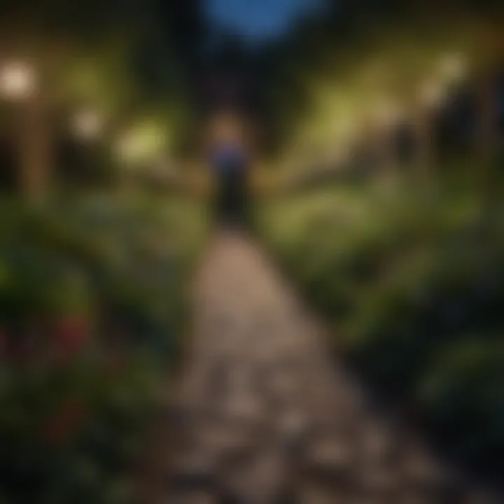 Illuminated pathway through lush garden at night