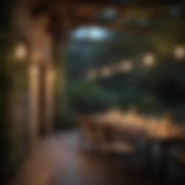 Elegant Outdoor Dining Lighting Glowing pendant lights hanging above outdoor dining area