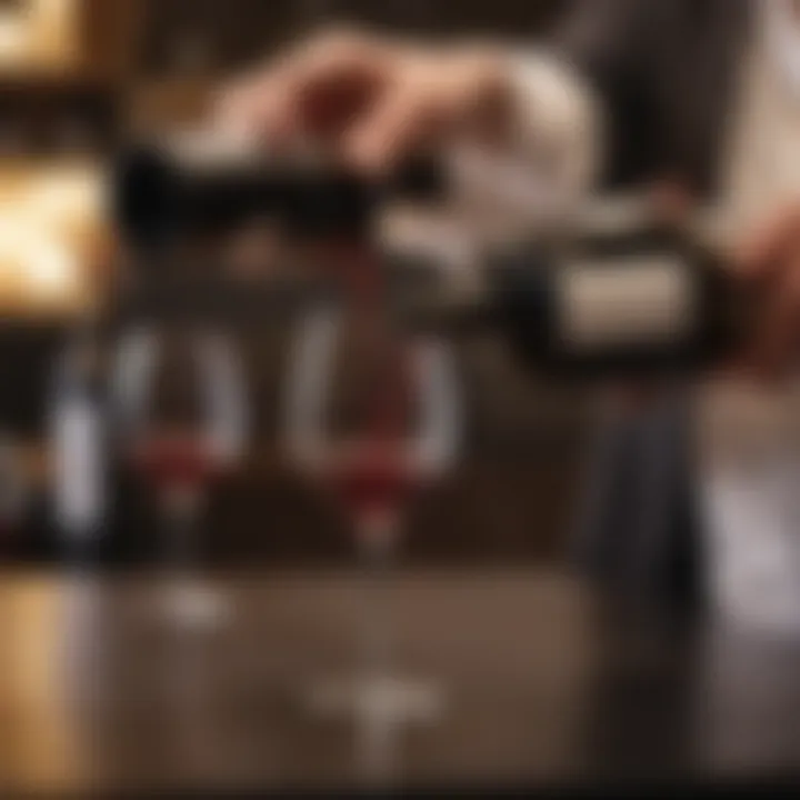 Close-up of a sommelier pouring wine into a glass