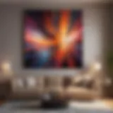 Abstract art piece hanging on living room wall