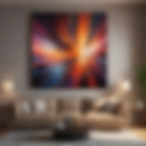 Abstract art piece hanging on living room wall