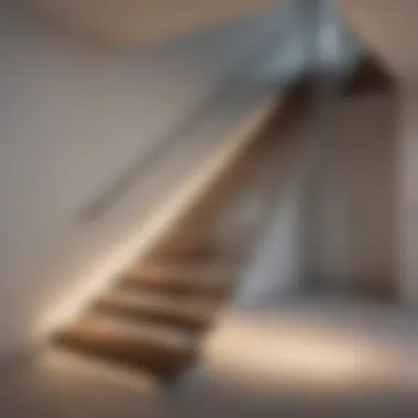 Minimalistic staircase featuring sleek glass railings and ambient lighting