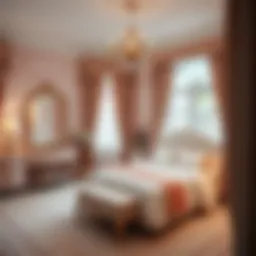 A serene bedroom with elegant decor featuring soft pastel hues and delicate furnishings