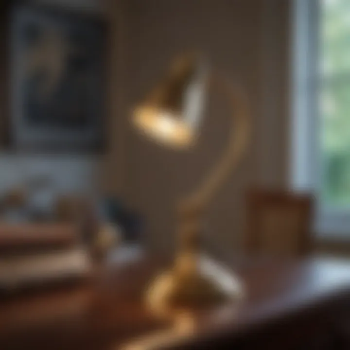 Elegant brass desk lamp illuminating a stylish workspace