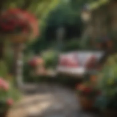 Charming garden decorated with exquisite floral arrangements and stylish seating.