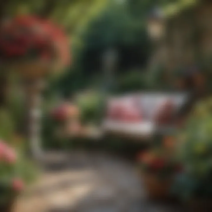 Charming garden decorated with exquisite floral arrangements and stylish seating.