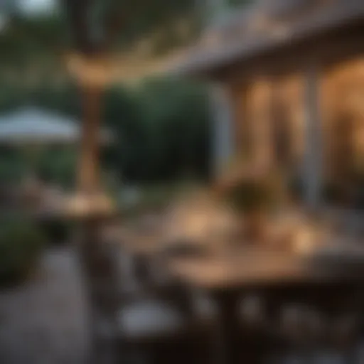 Elegant outdoor table setting adorned with sophisticated decor and ambient lighting.