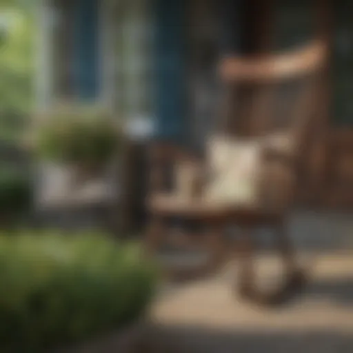 Country porch decor with vintage rocking chair and floral cushions
