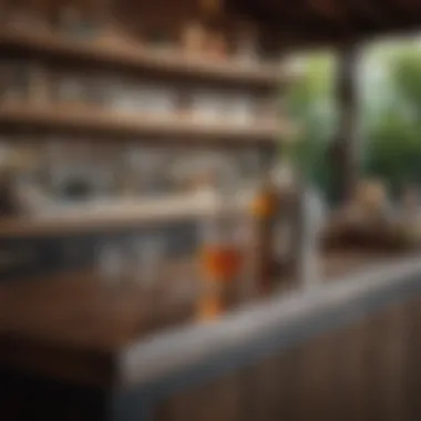 An exquisite arrangement of decorative accessories enhancing an outdoor bar's ambiance.