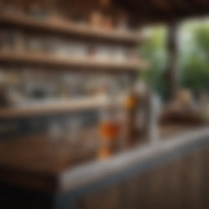 An exquisite arrangement of decorative accessories enhancing an outdoor bar's ambiance.