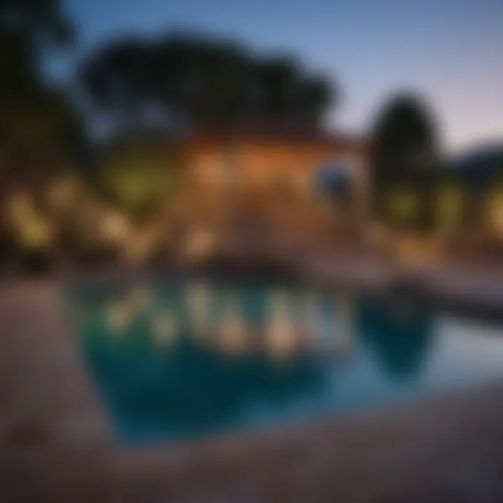 Dramatic evening view of a pool with illuminated stone features