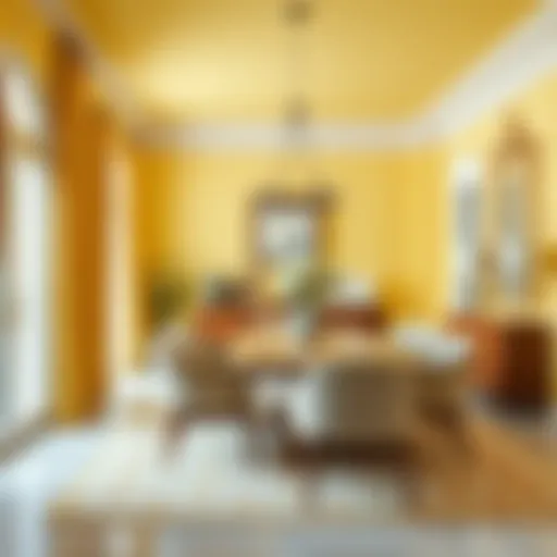 A bright yellow dining room featuring elegant furniture and decor