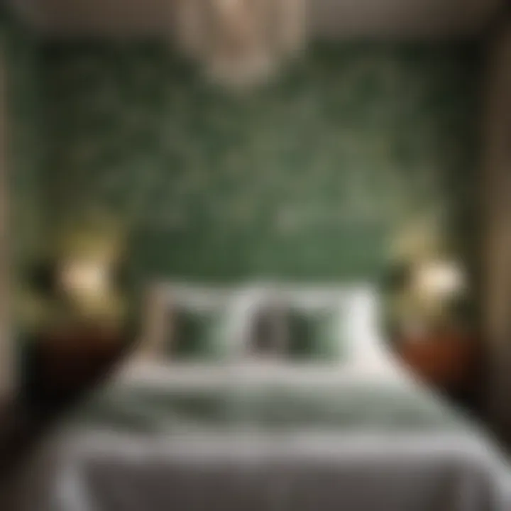 Elegant green floral wallpaper highlighting a luxurious bedroom setting