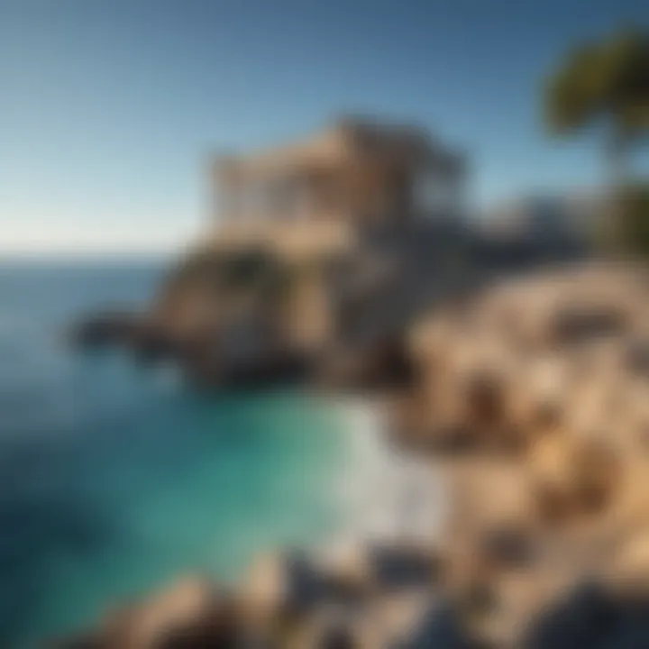 Ancient ruins overlooking the azure sea under the clear blue sky