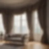 Luxurious living room featuring large windows dressed in elegant curtains
