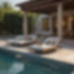 Elegant poolside lounge area with stylish furniture