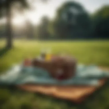 Stylish picnic blanket laid out on lush green grass