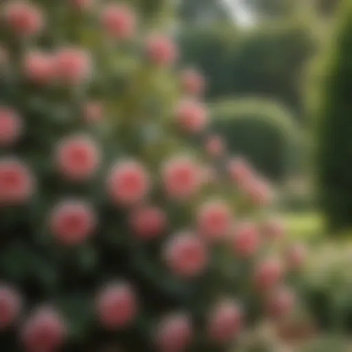 A classic rose bush blooming in a tranquil English garden setting