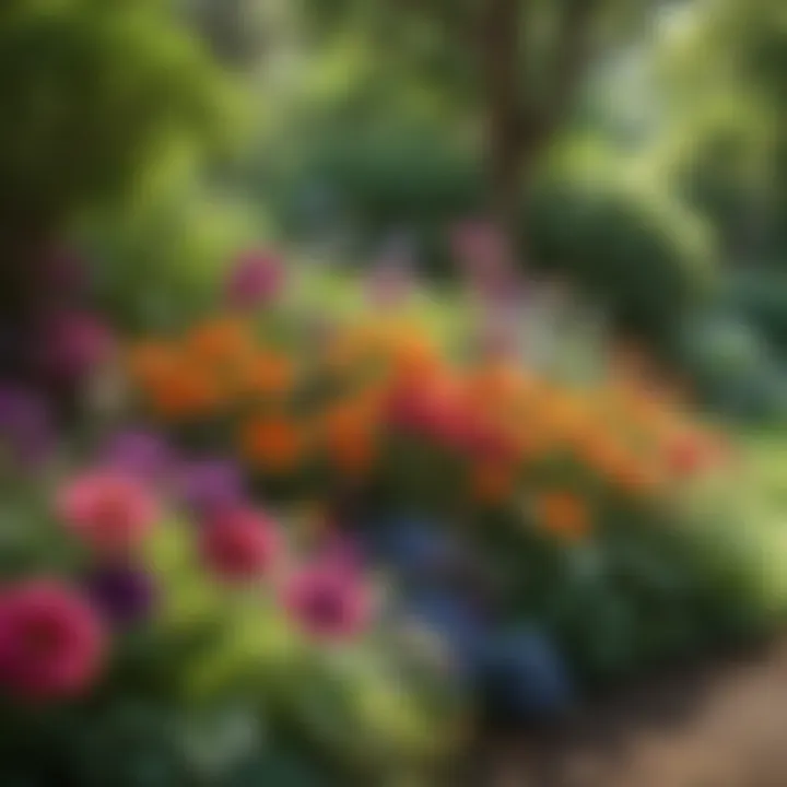 An array of vibrant annual flowers thriving in a shaded garden setting, showcasing their colors against a backdrop of green foliage.