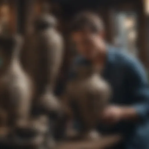 Antique seller examining ornate vase in French Quarter