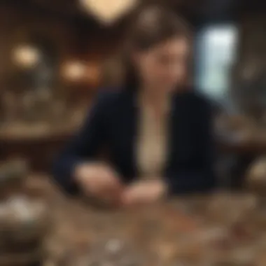Antique appraisal expert inspecting vintage jewelry in historic building