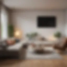 A serene minimalist living room with sleek furniture and neutral tones