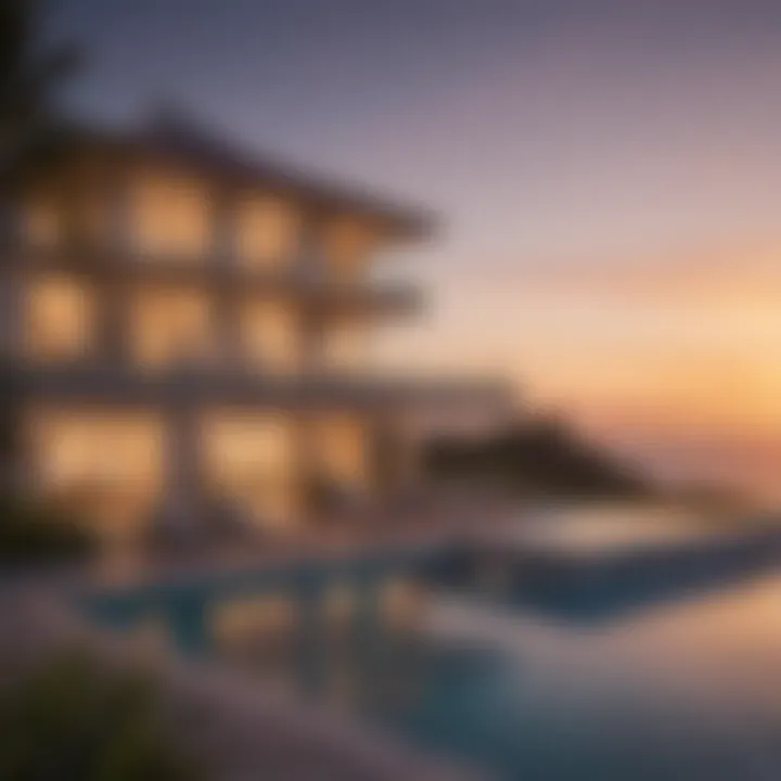 A breathtaking view of a private villa overlooking the ocean at sunset