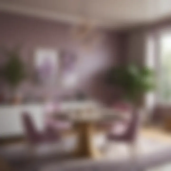 Dining area styled with light purple accents and decor