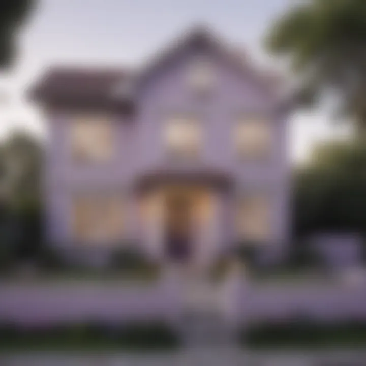 Exterior view of a house painted in light purple shades