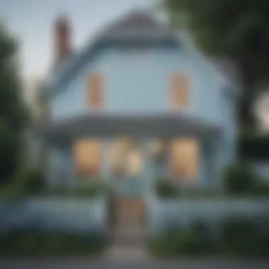 An exterior view of a charming cottage painted in pastel blue, showcasing its inviting character.