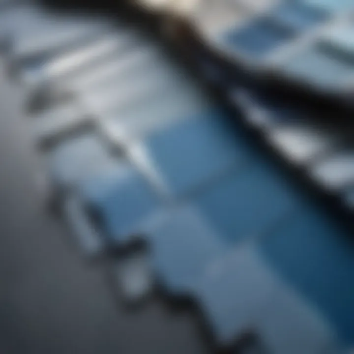 Close-up of various blue paint swatches on a palette
