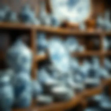 Artistic Display of Blue and White Pottery An elegant display of various blue and white pottery pieces arranged artistically on a wooden shelf.