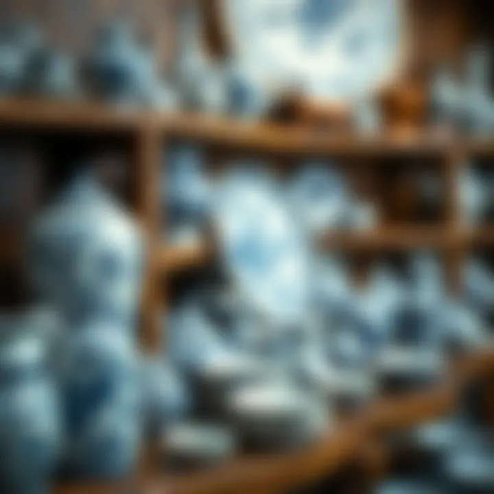 Artistic Display of Blue and White Pottery An elegant display of various blue and white pottery pieces arranged artistically on a wooden shelf.