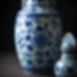 A detailed close-up of a blue and white pottery vase showcasing intricate floral patterns.