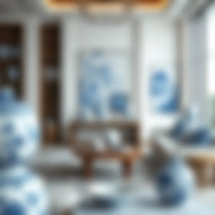 Modern Decor Featuring Blue and White Pottery A modern living space featuring blue and white pottery as part of sophisticated decor.