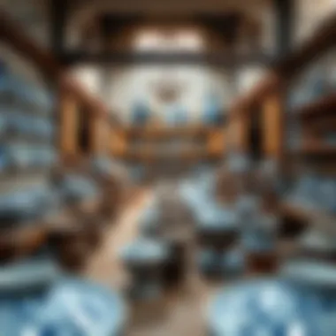 Traditional Pottery Workshop for Blue and White Ceramics A panoramic view of a traditional pottery workshop where artisans create blue and white ceramics.