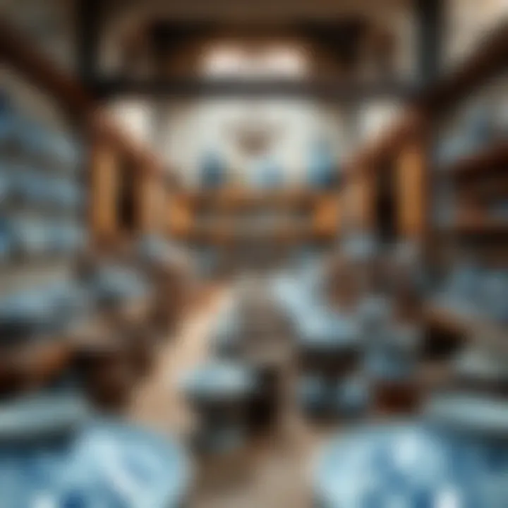 Traditional Pottery Workshop for Blue and White Ceramics A panoramic view of a traditional pottery workshop where artisans create blue and white ceramics.