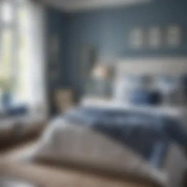 Inviting Bedroom with Blue and White Textiles An inviting bedroom adorned with blue and white textiles, evoking a sense of tranquility and comfort.