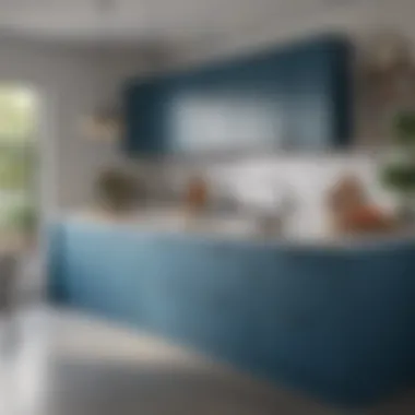 A beautifully designed kitchen highlighting blue cabinetry paired with white countertops for a modern touch.