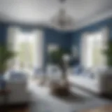 A serene living room showcasing a harmonious blue and white color scheme with elegant decor.